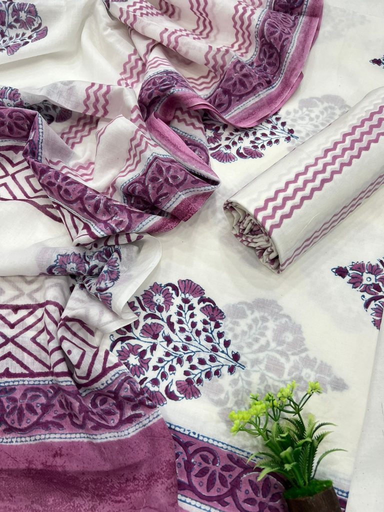 White and Mulberry hand printed fabric with mulmul dupatta