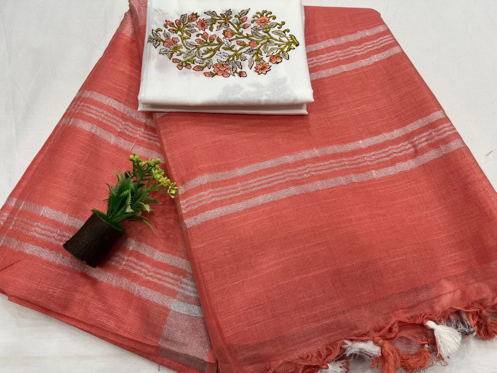 Bittersweet orange linen saree with  with white blouse