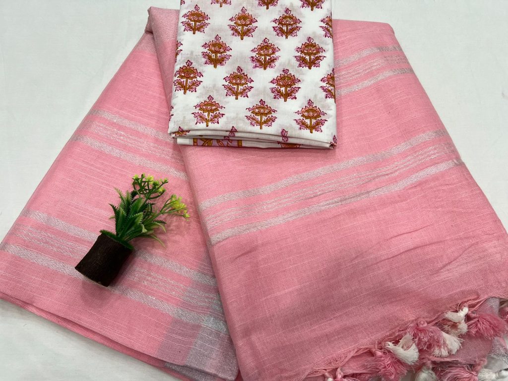 Light salmon pink simple linen saree for ladies