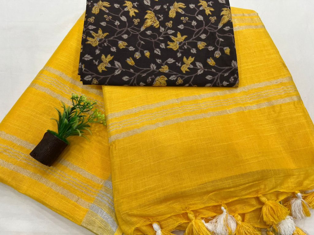 Yellow daily wear linen saree