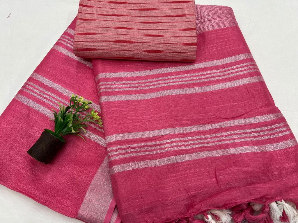 Brink pink plain linen saree