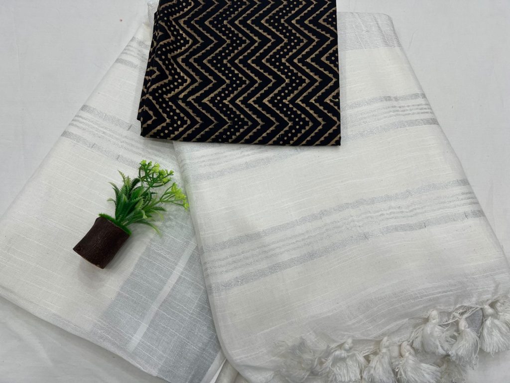 White plain linen saree with cotton blouse