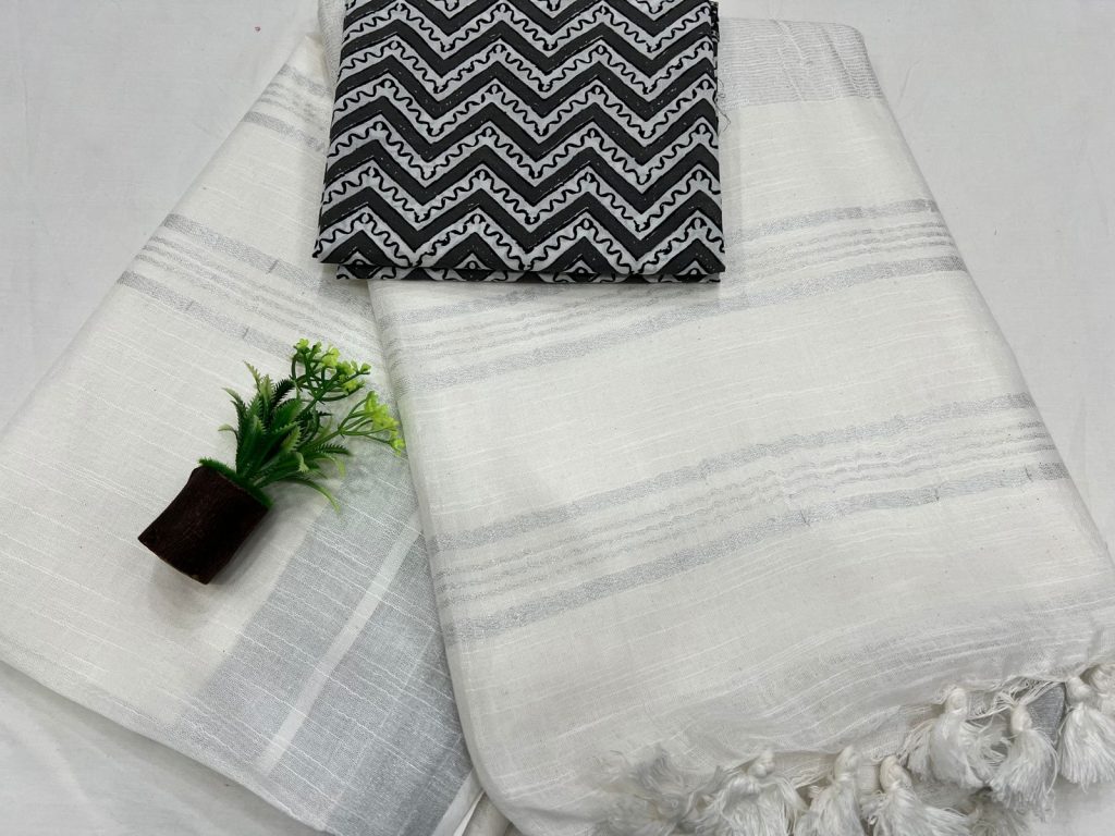 White plain simple linen saree with cotton blouse
