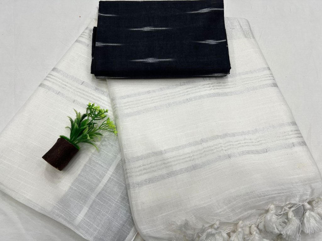 White simple plain linen saree with black cotton blouse