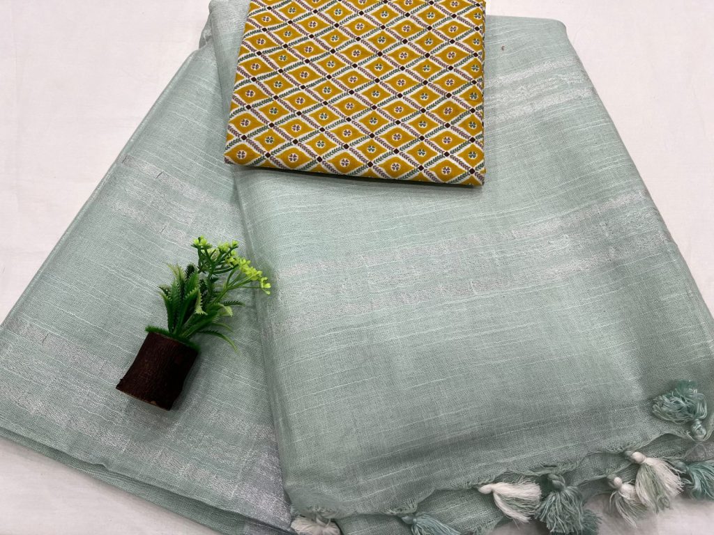 Magic Mint simple linen saree with cotton blouse
