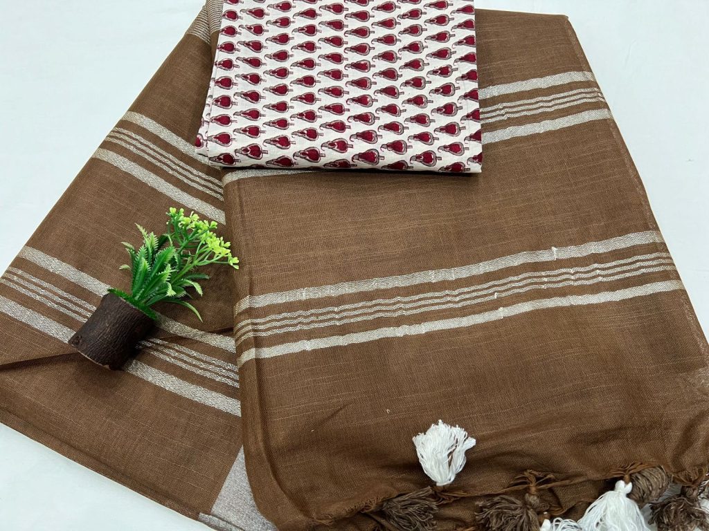 Coffee brown plain linen saree with cotton printed blouse