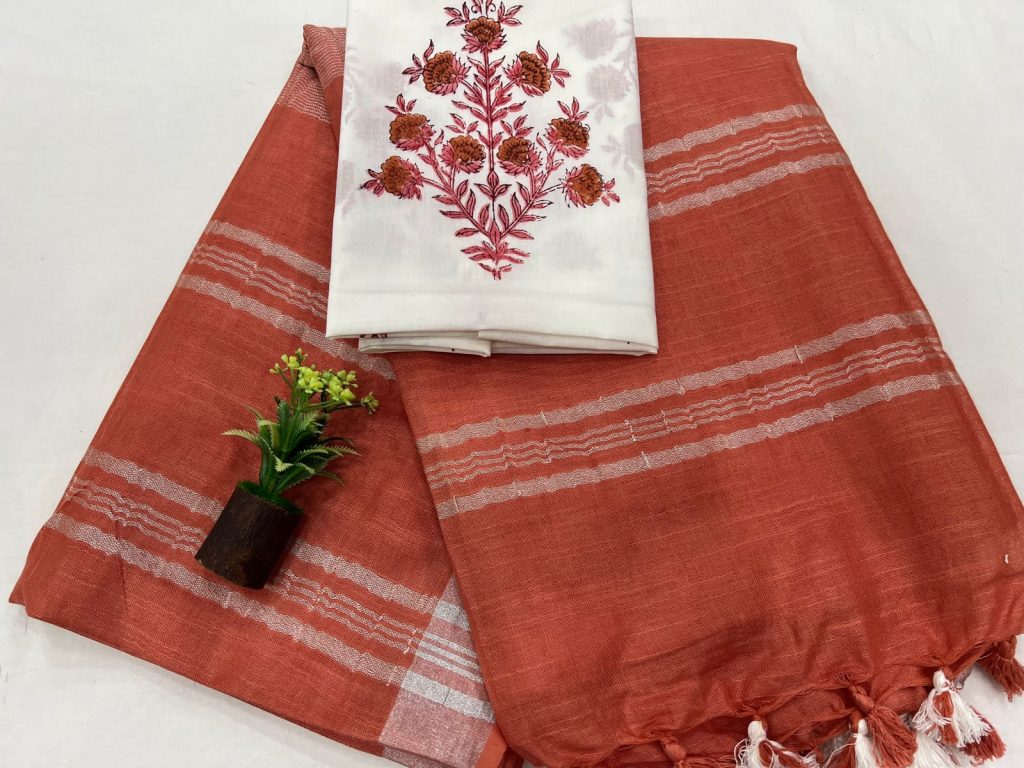 Mahogany plain linen saree with cotton blouse