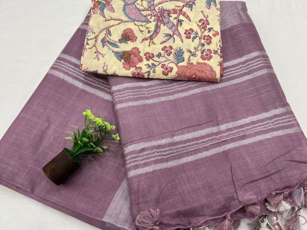 Pearly purple plain linen saree