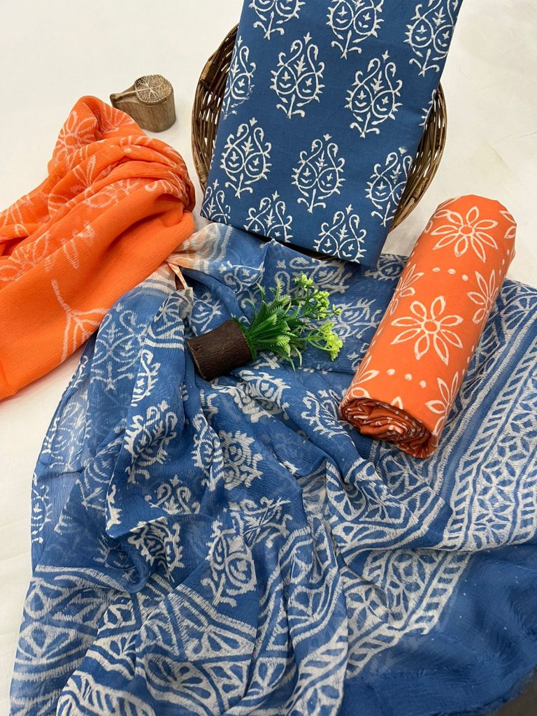 Elegant Sapphire Blue Hand Block Paisley Print Cotton Salwar Kameez Set with Chiffon Dupatta