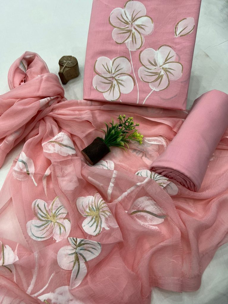 Blush Pink Floral Hand painted Cotton Salwar Suit with Light Chiffon Dupatta