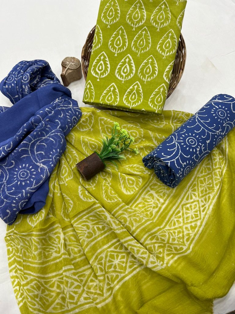 Vibrant Chartreuse Green Hand Block Leaf Pattern Cotton Suit with Navy Chiffon Dupatta