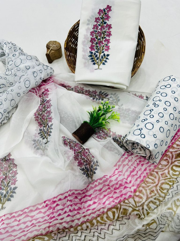 Taupe Mughal Floral Hand Block Printed Cotton Salwar Kameez with Dupatta