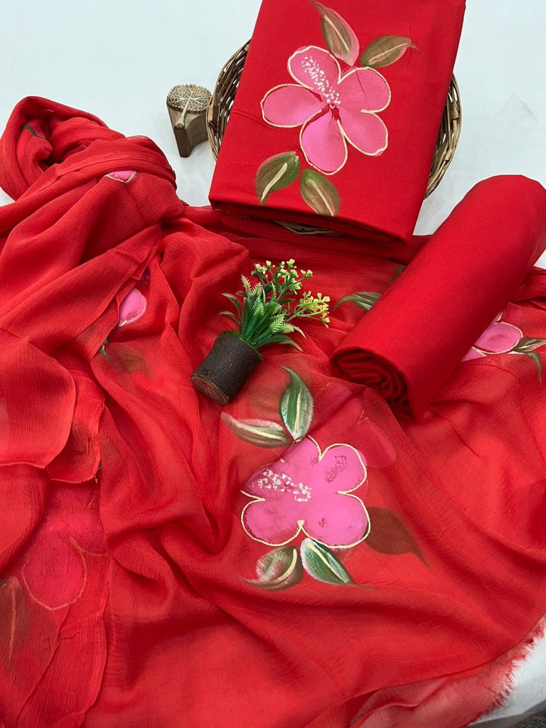 Vibrant Carmine Red Brush Painted Cotton Suit with Chiffon Dupatta