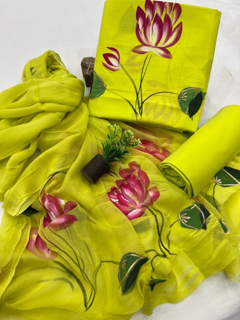 Lime Zest Floral Brush Painted Cotton Suit with Flowy Chiffon Dupatta