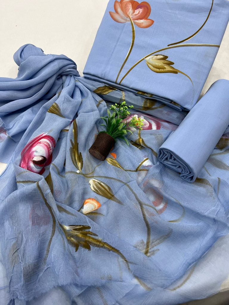 Serenity Blue Brush Painted Cotton Suit with Delicate Chiffon Dupatta
