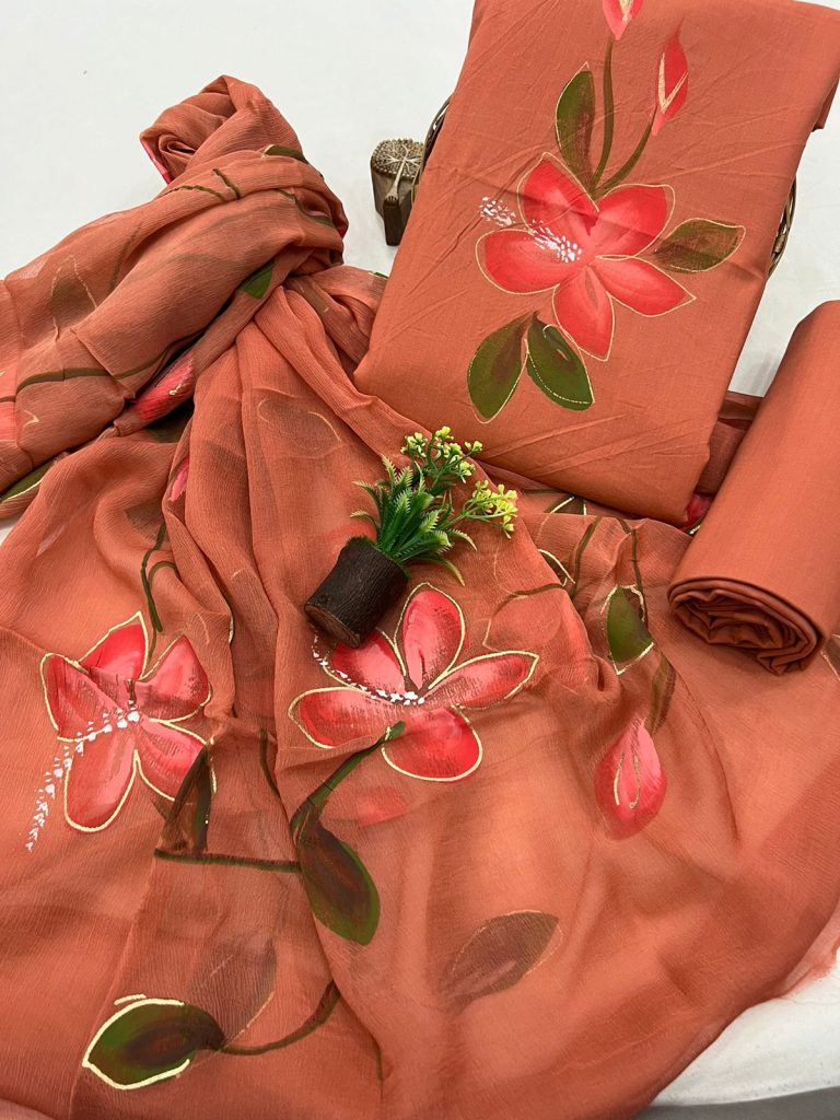 Terracotta Bloom Brush Painted Cotton Suit with Airy Chiffon Dupatta