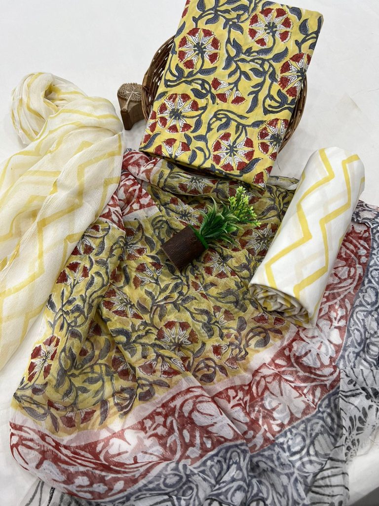 Elegant Alabaster Yellow Hand Block Printed Salwar Suit with Chiffon Dupatta