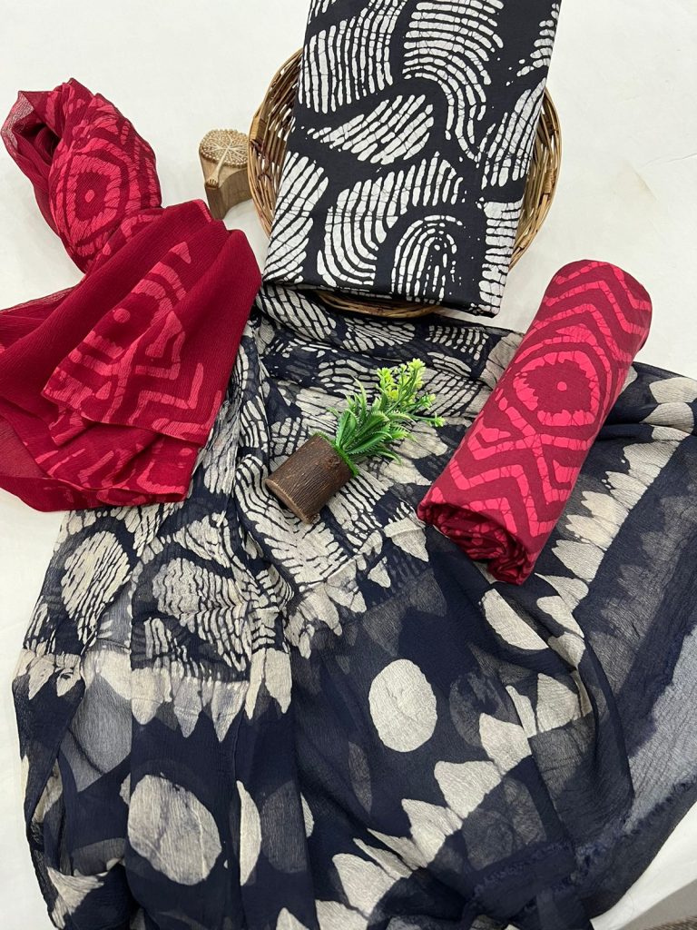 Classic Ebony Black and Crimson Block Print Cotton Salwar Set with Chiffon Dupatta