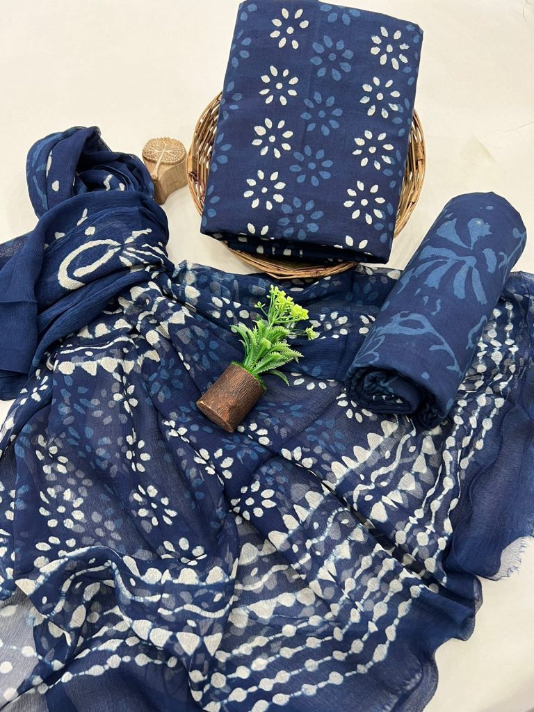 Midnight Bloom Hand Block Printed Cotton Suit with Chiffon Dupatta