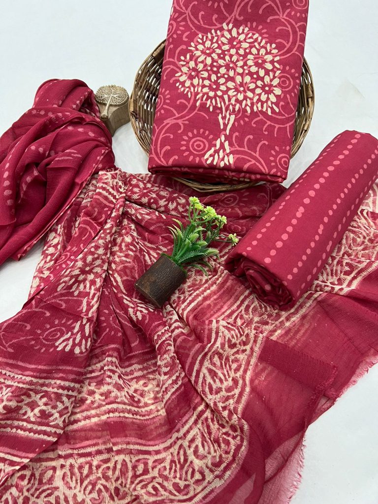 Crimson Elegance Hand Block Printed Cotton Salwar Suit with Chiffon Dupatta