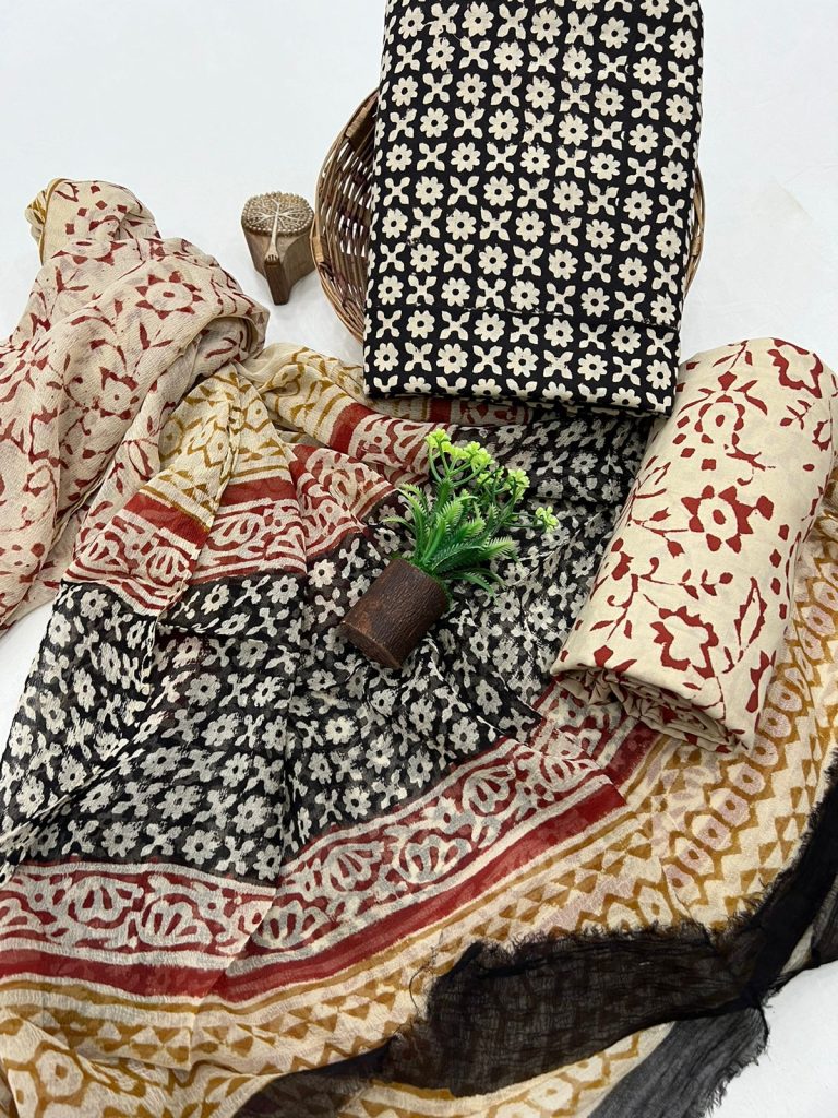 Ebony Floral Hand Block Print Cotton Suit with Chiffon Dupatta