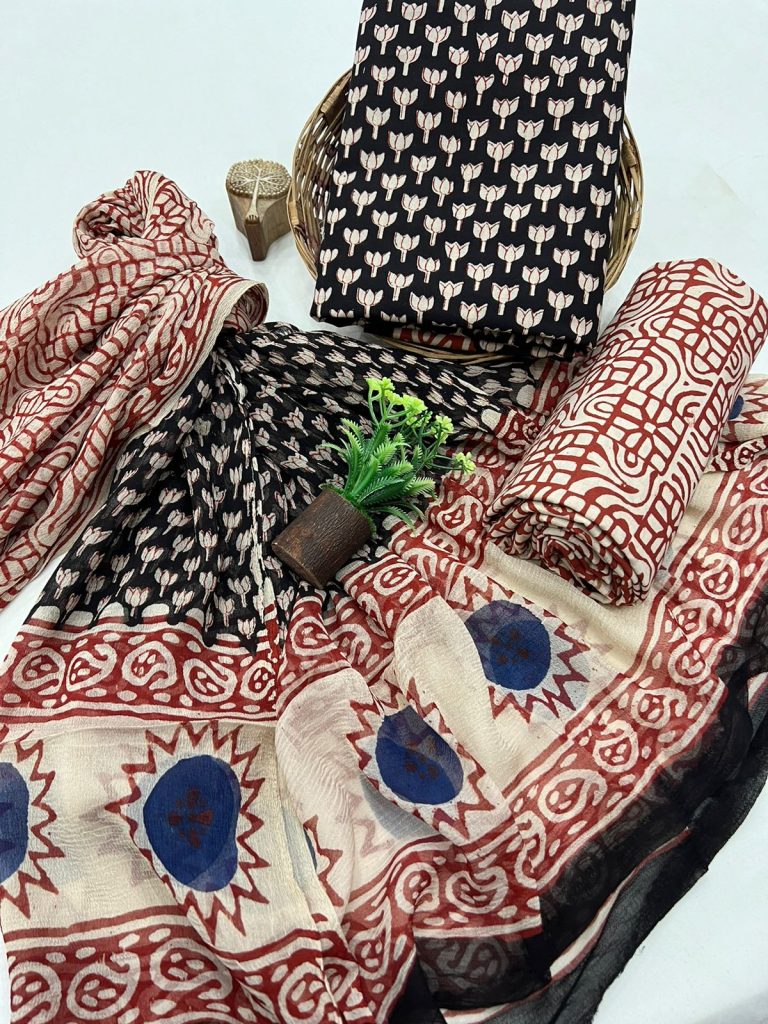 Crimson Folklore Hand Block Printed Salwar Kameez with Chiffon Dupatta