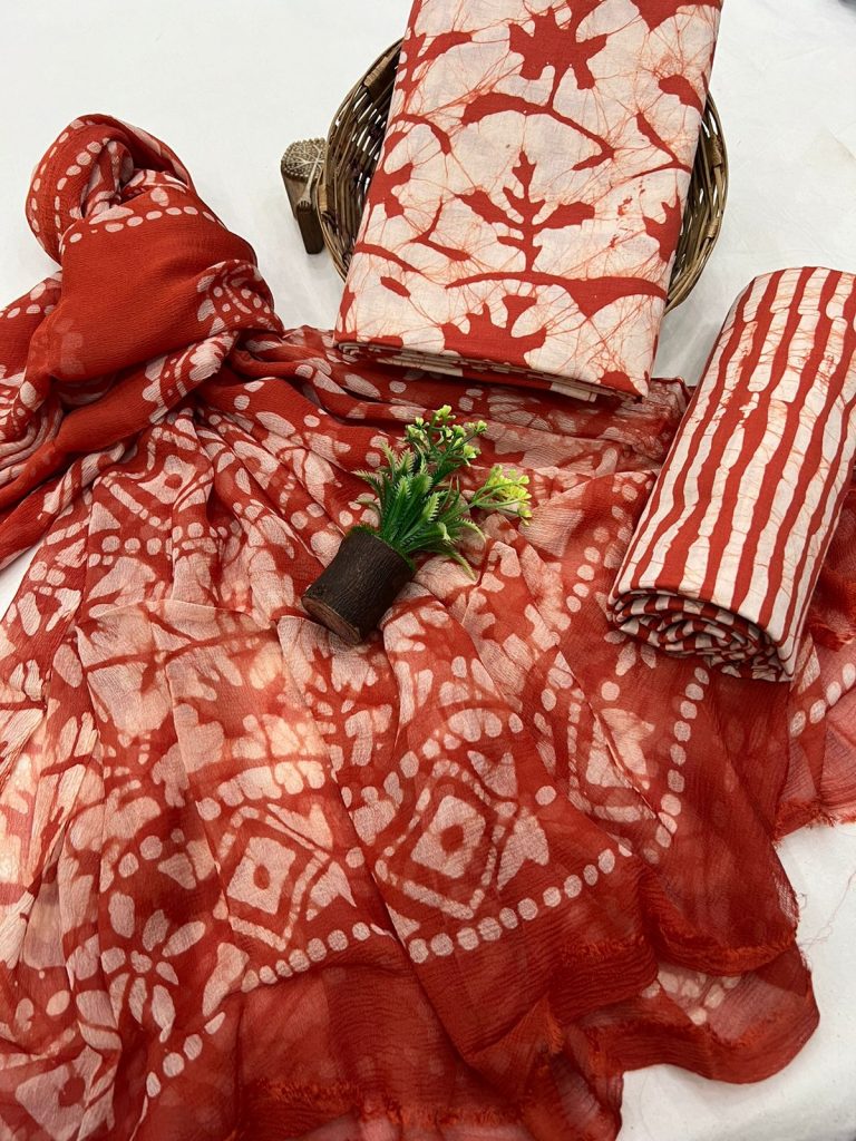 Ruby Tulip Hand Block Print Cotton Suit with Chiffon Dupatta