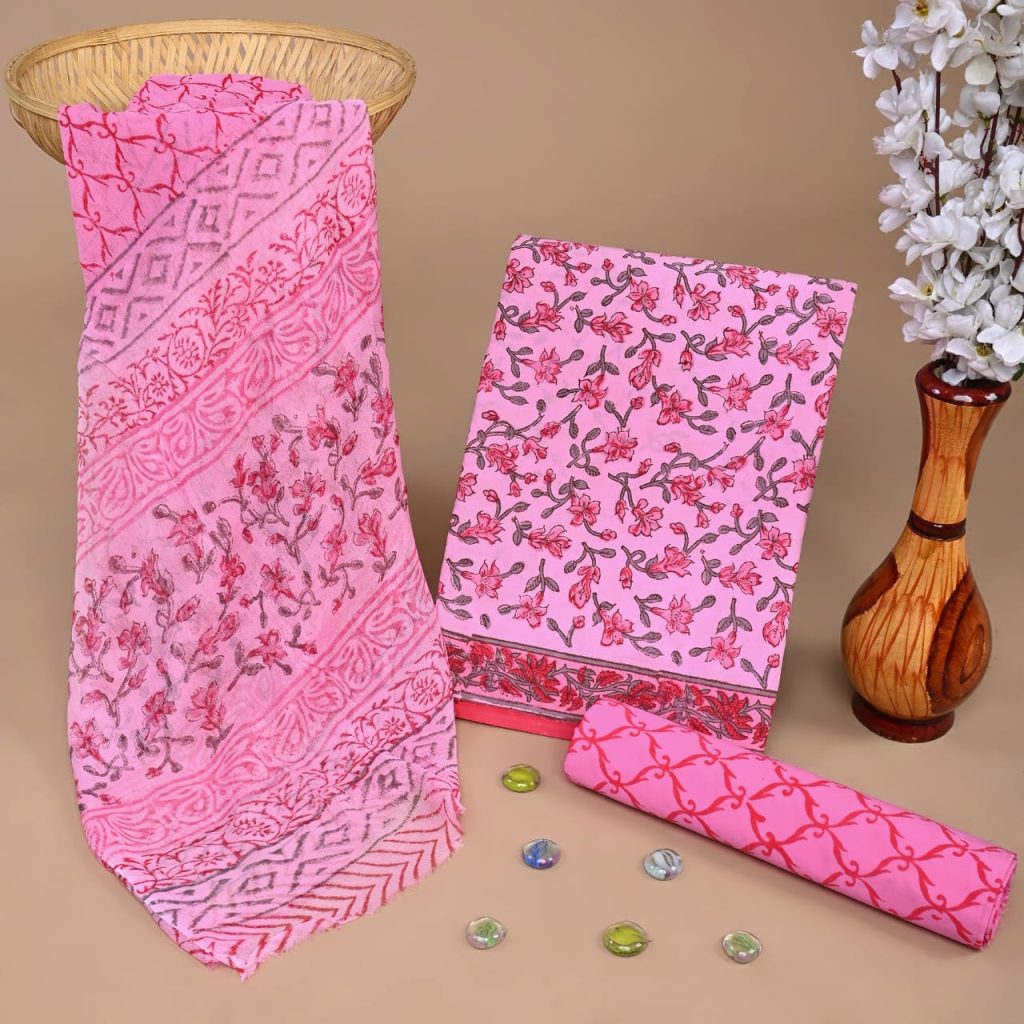 Vibrant Pink Floral Cotton Salwar Suit with Chiffon Dupatta