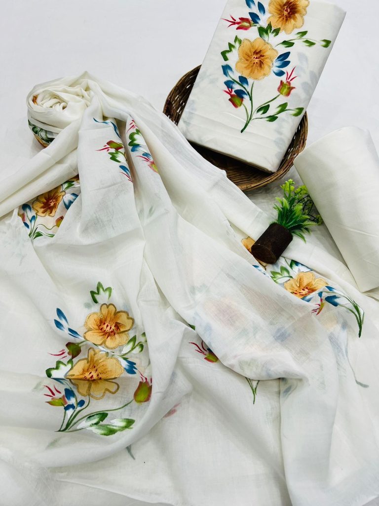 Artistic White Cotton Suit with Hand-Painted Dupatta - Botanical Bliss