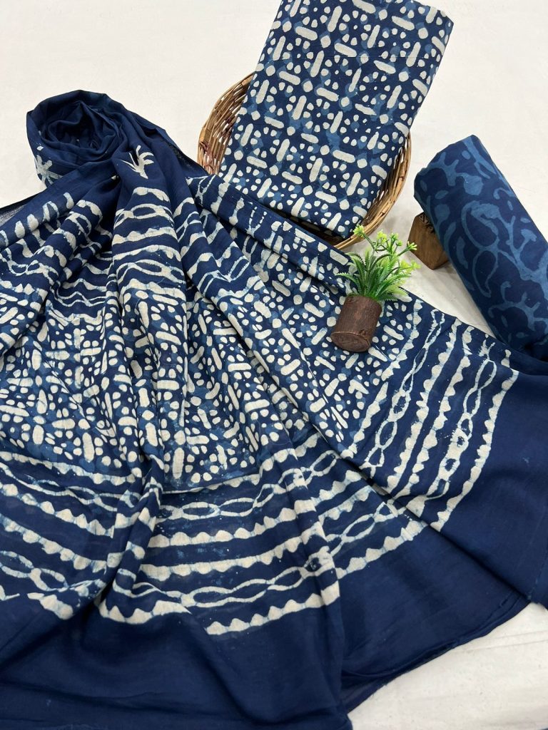 Authentic Indigo Dabu Printed Cotton Suit with Dupatta - Daily Wear Collection