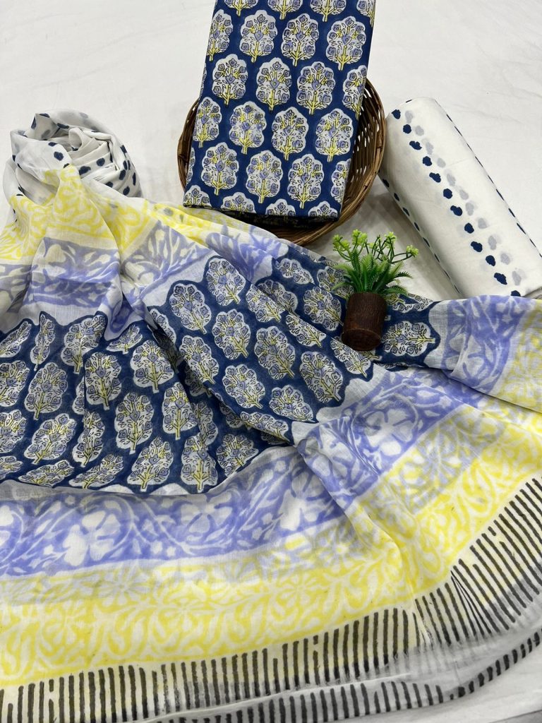 Chic Blue & Yellow Hand Block Print Salwar Suit with Cotton Dupatta
