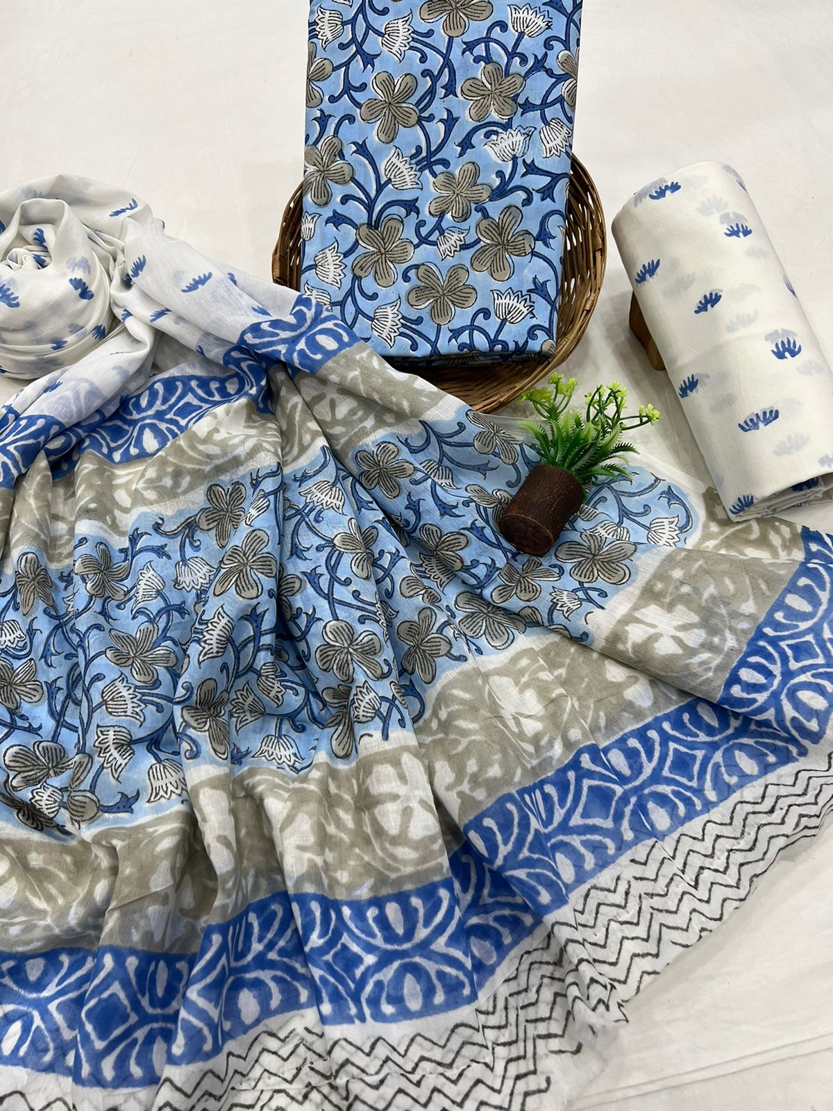 Classic Blue Floral Hand Block Printed Cotton Suit with Dupatta
