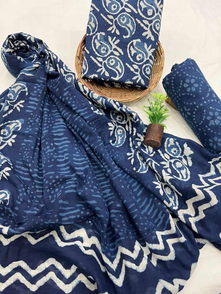 Classic Indigo Dabu Cotton Salwar Kameez with Dupatta - Traditional Indian Wear