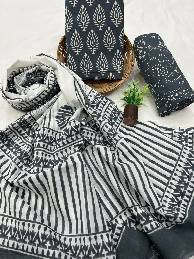 Hand Block Printed Black and White Cotton Salwar Suit with Dupatta
