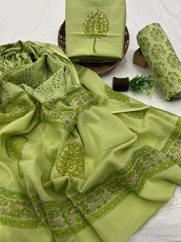 Refreshing Green Monstera Leaf Print Cotton Salwar Kameez Set