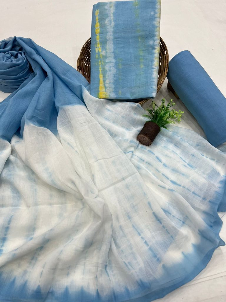 Sky Blue Tie-Dye Hand Block Printed Salwar Kameez with Cotton Dupatta