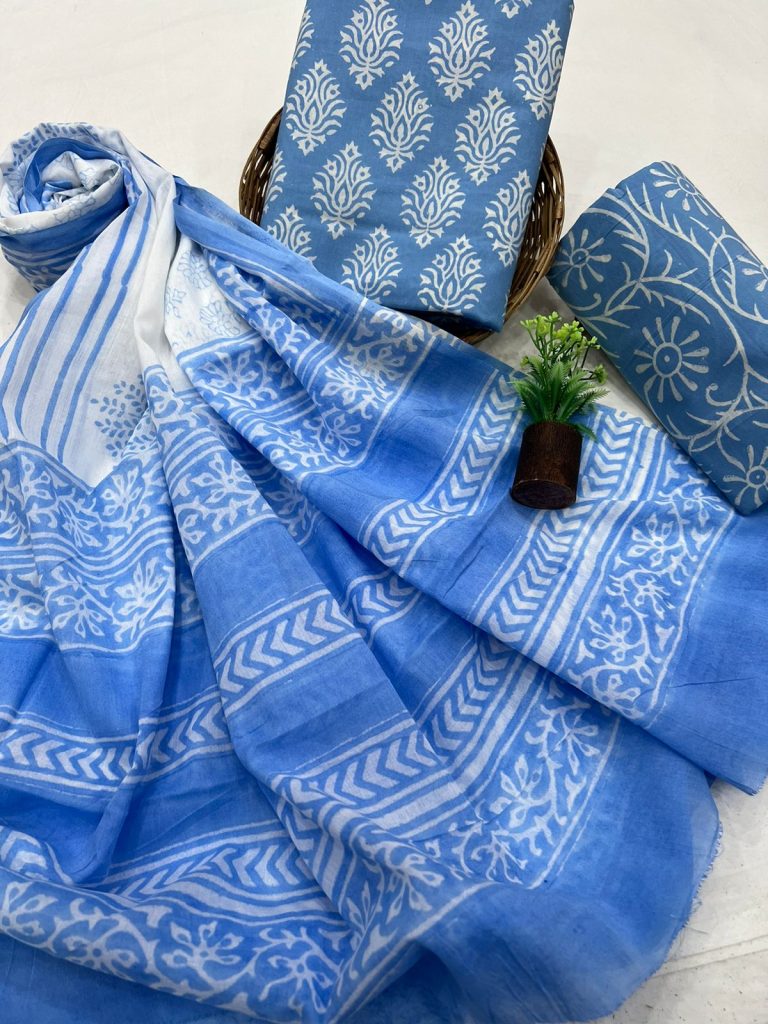 Soothing Blue Handcrafted Cotton Salwar Suit with Artisanal Dupatta