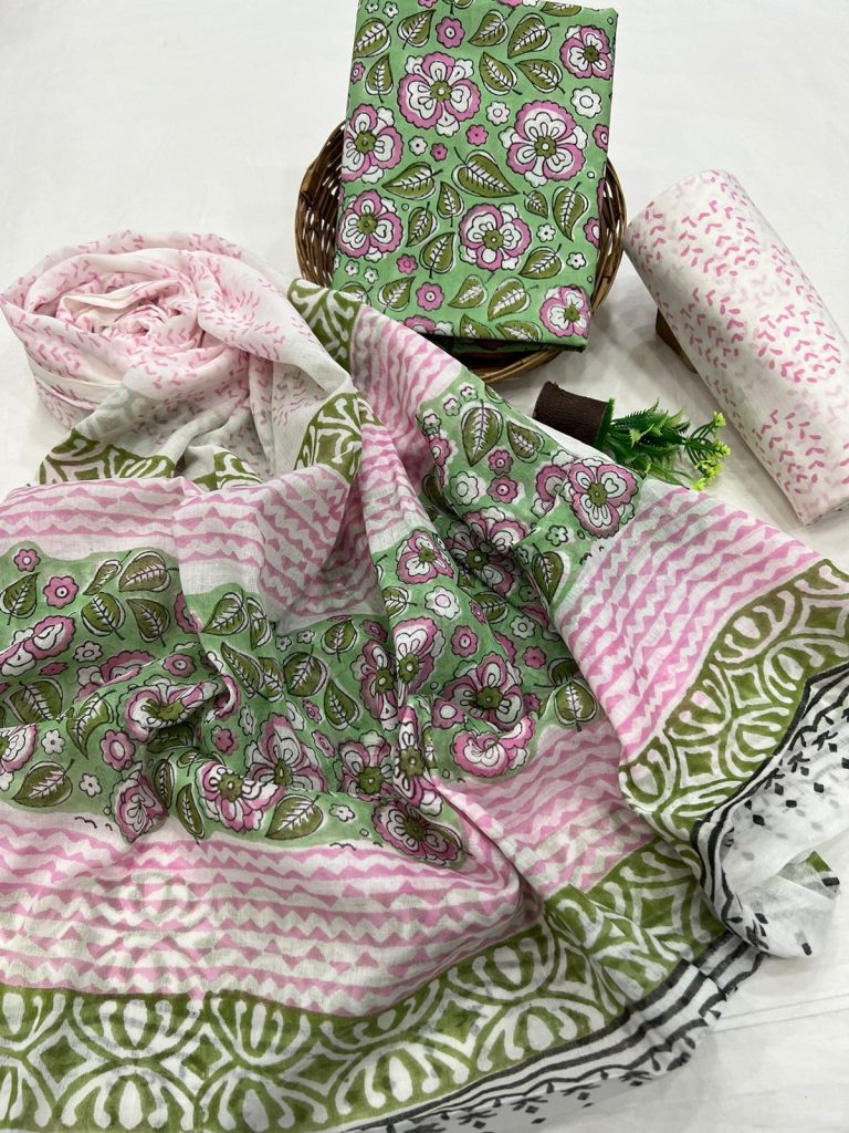 Vibrant Pink & Green Hand Block Printed Cotton Salwar Suit