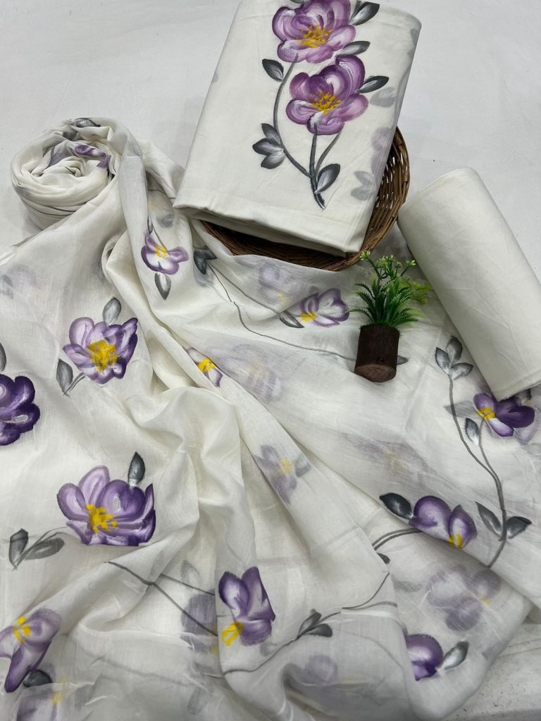 White Cotton Salwar Suit with Hand-Painted Purple Flowers - Artisan Craft
