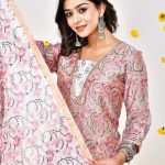 Elegant Rose Pink Chanderi Silk Salwar Kameez with Delicate Floral Hand Block Print
