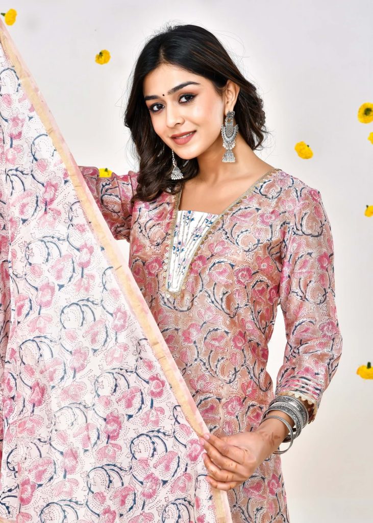 Elegant Rose Pink Chanderi Silk Salwar Kameez with Delicate Floral Hand Block Print