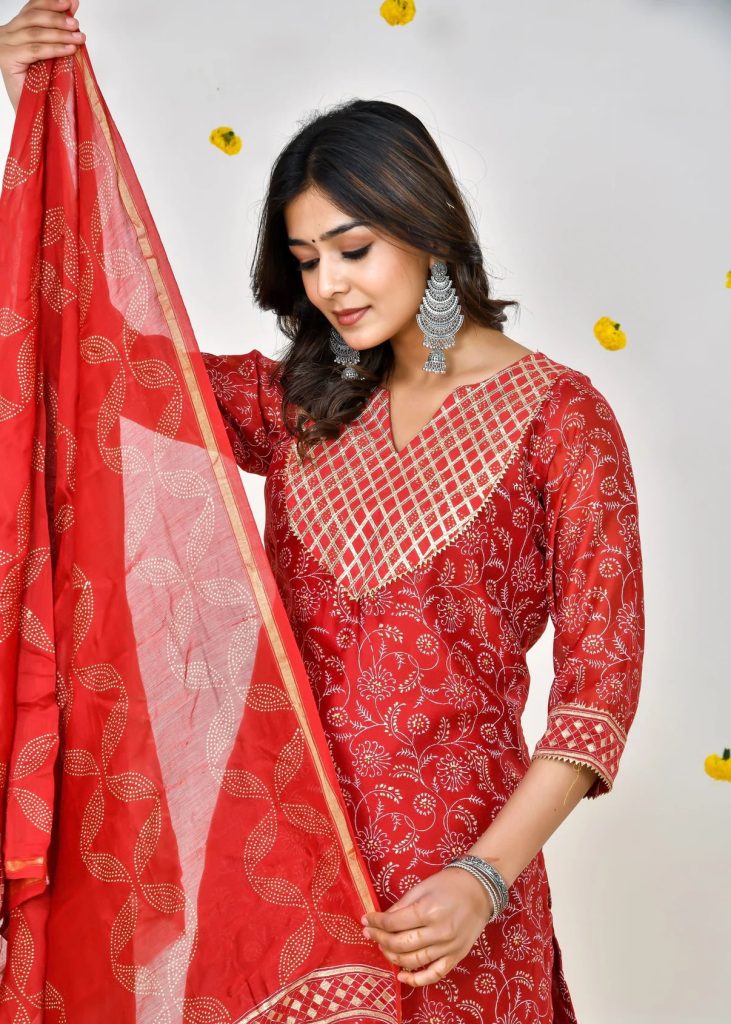Radiant Red Chanderi Silk Salwar Kameez with Traditional Hand Block Print