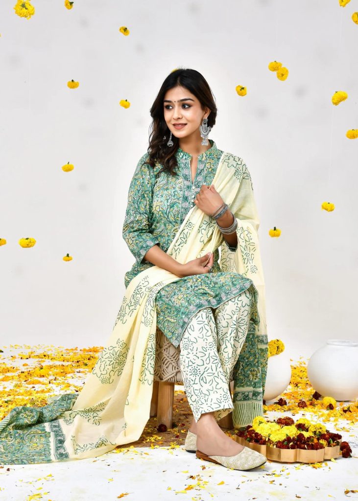 Chic Sea Green Hand-Block Printed Salwar Suit with Cotton Dupatta