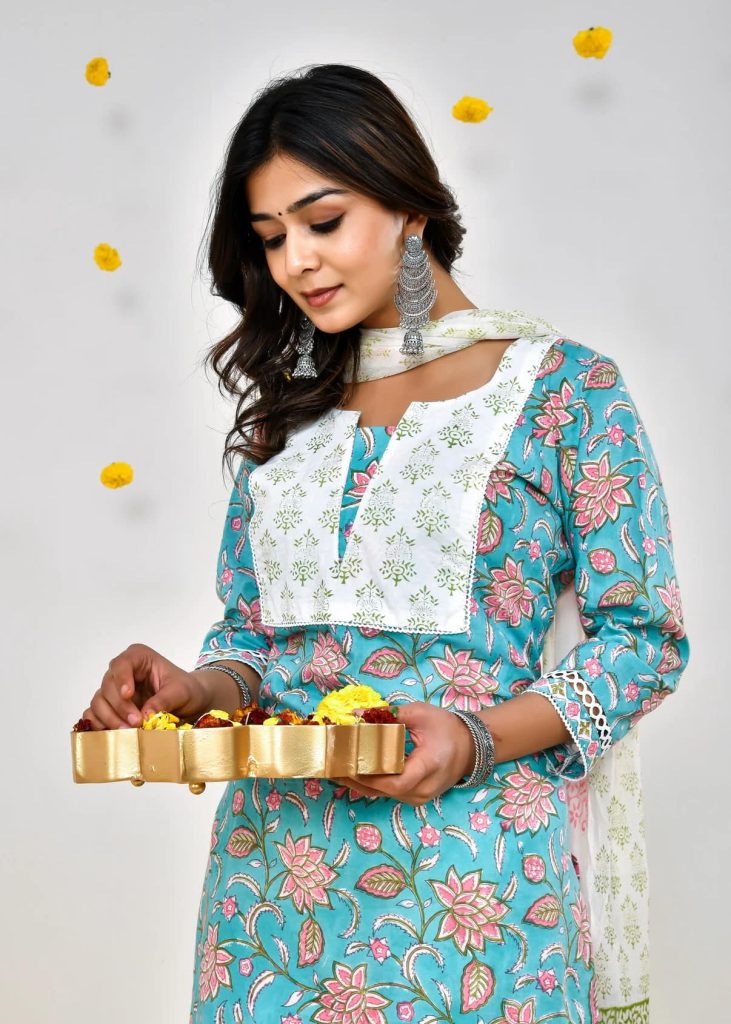 Refresh Your Wardrobe with Turquoise Cotton Salwar Kameez & Chiffon Dupatta