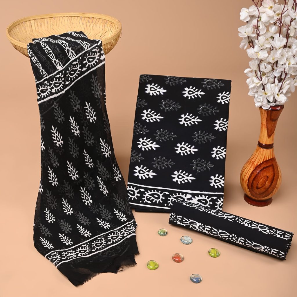Black and White Floral Cotton Salwar Suit - Classic Hand Block Print