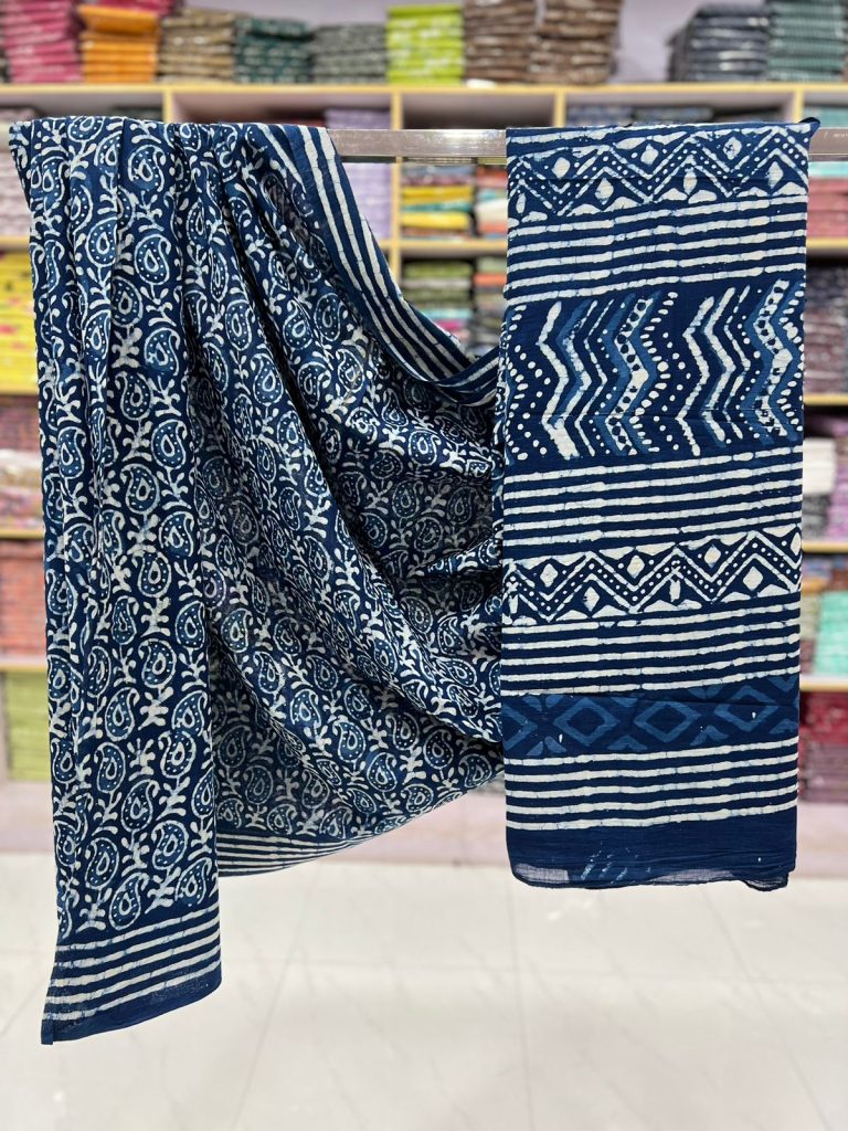 Chic Indigo Striped Hand Block Print Cotton Saree | Versatile Attire