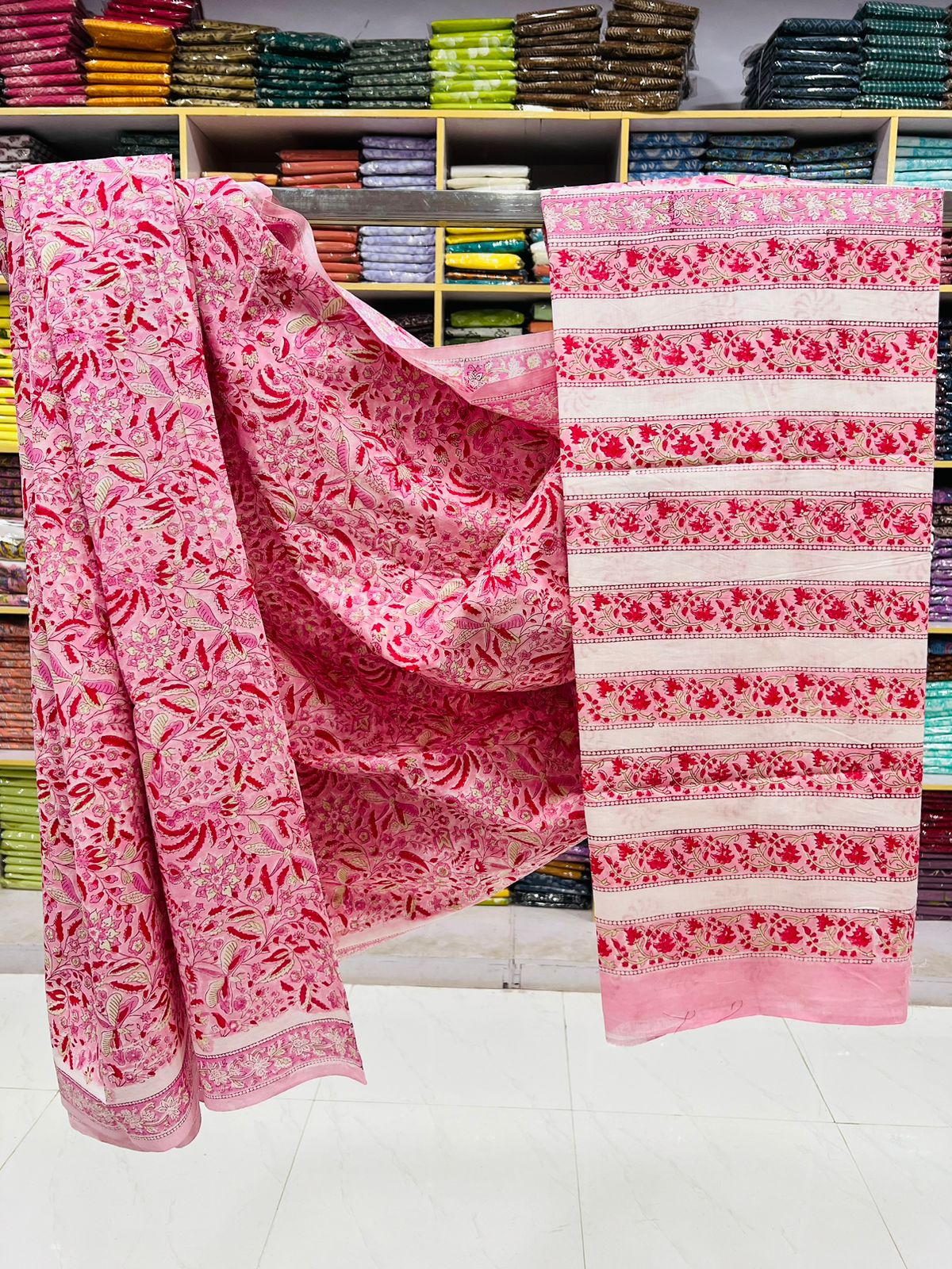 Vibrant Pink Floral Hand Block Printed Saree | Soft Cotton Elegance