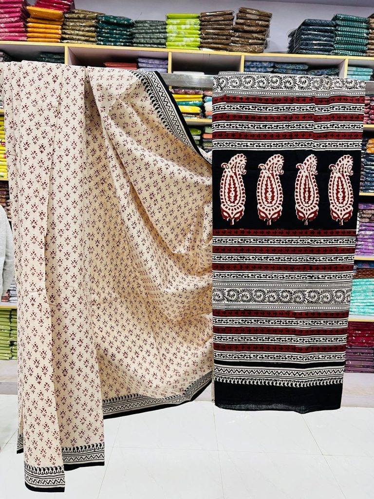 Classic Beige Bagru Print Saree | Handcrafted Cotton Luxury