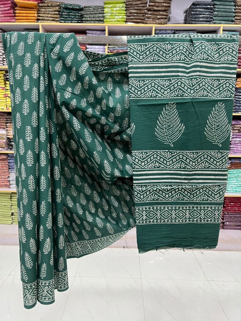 Dark Green Cotton Saree with Hand Block Leaf Design | Traditional Daily Wear