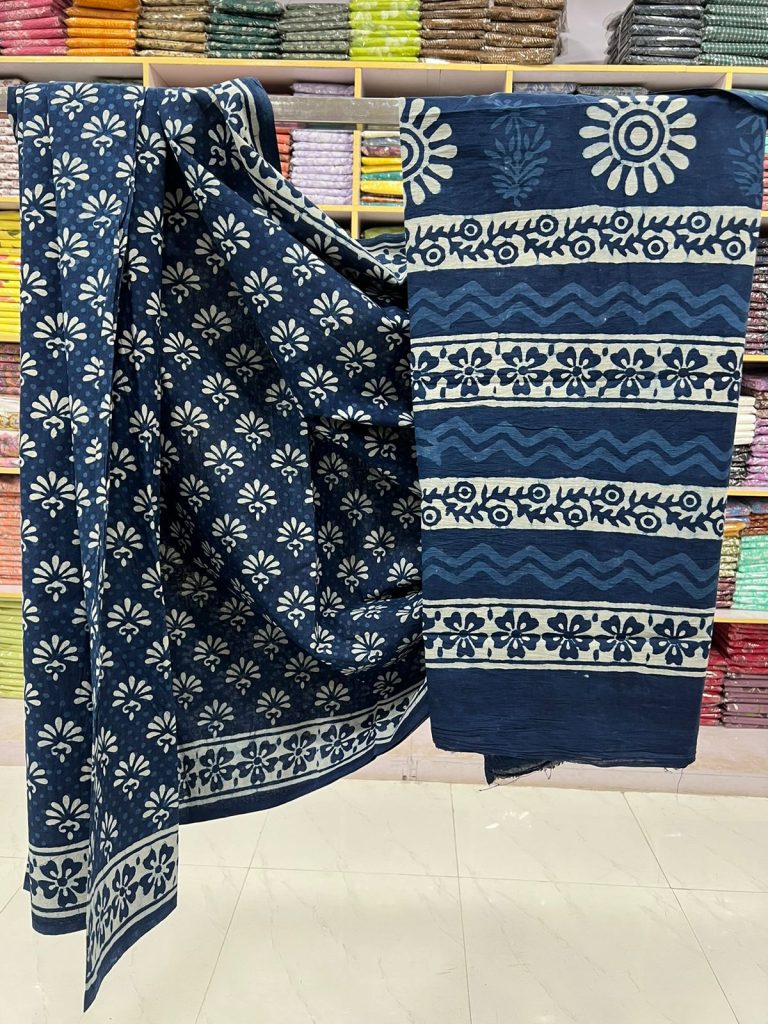 Indigo Dabu Print Soft Cotton Saree with Floral Accents | Casual Eleganc